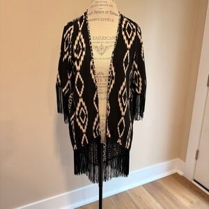 Rumors Women's Black/White Geometric Fringe Kimono Size S